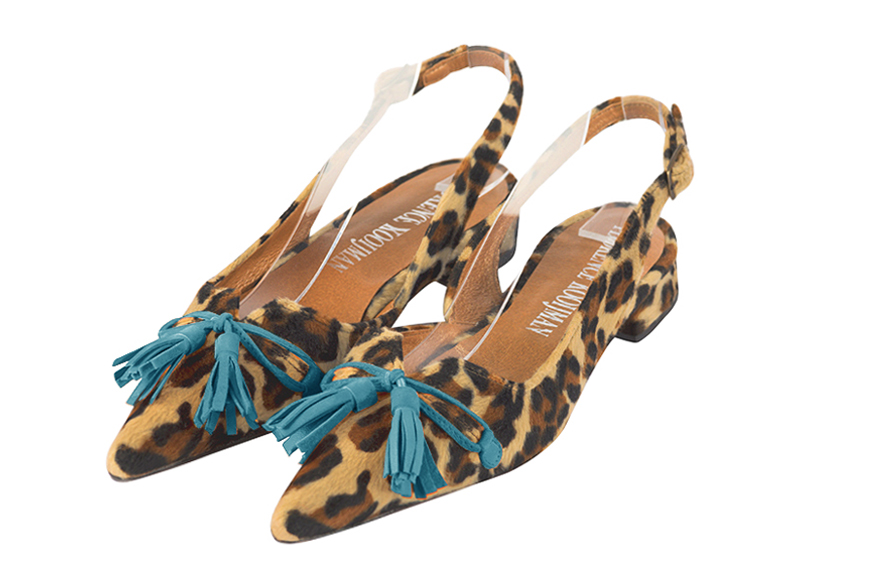 Women's animal print and peacock blue elegant slingback heels, with a bow on the front. Pointed toe. Flat flare heels - Front view